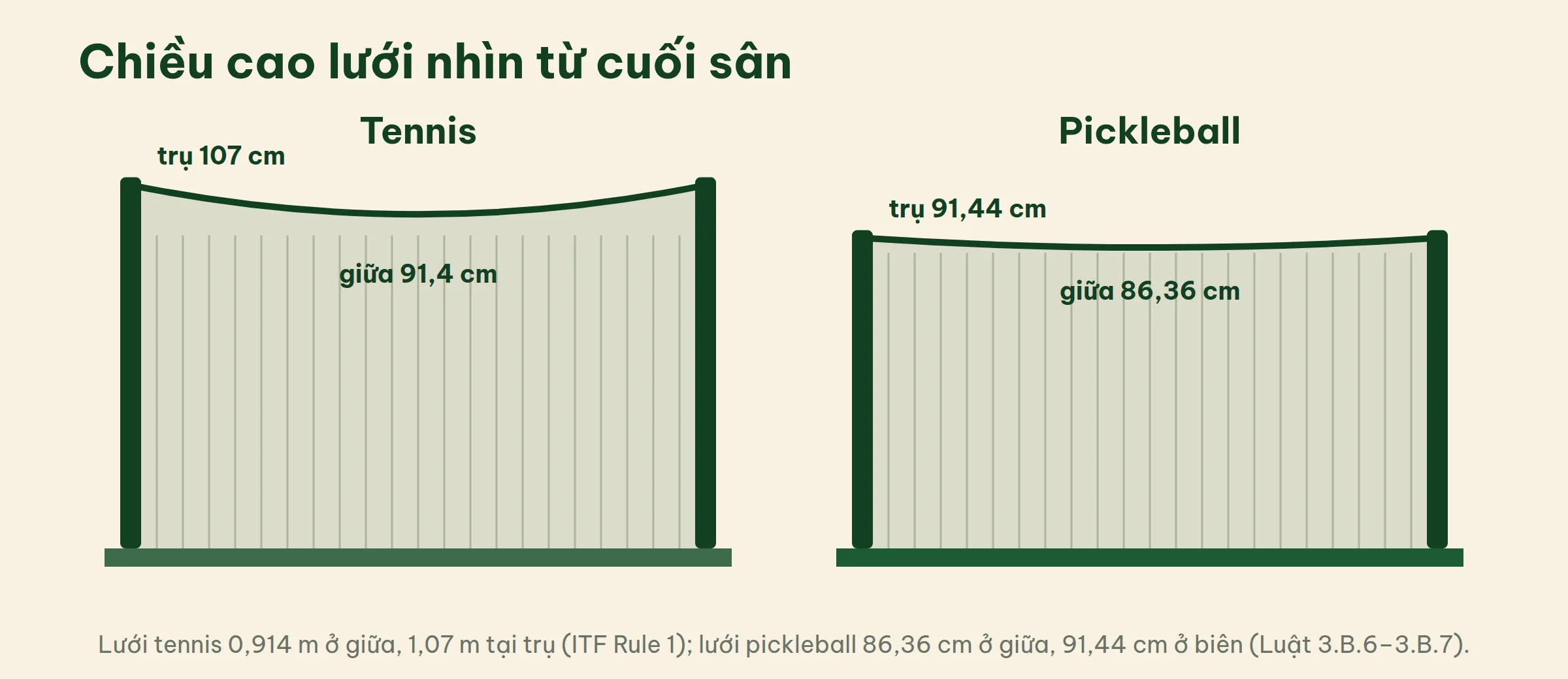 So sánh chiều cao lưới: tennis 1,07 m tại trụ và 0,914 m ở giữa, pickleball 91,44 cm ở biên và 86,36 cm ở giữa