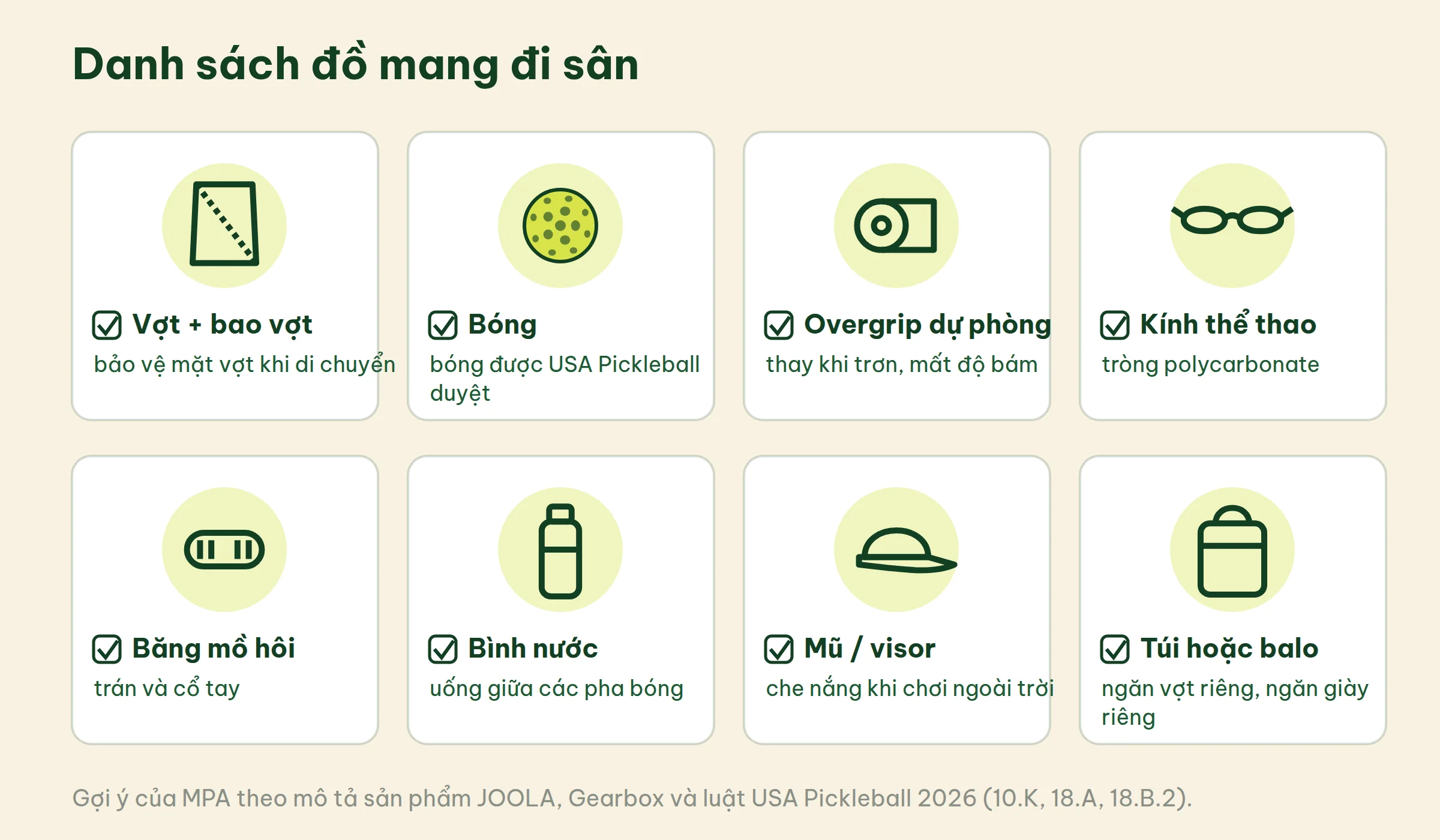 Danh sách tám món đồ mang đi sân pickleball dạng ô đánh dấu: vợt và bao vợt, bóng, overgrip, kính, băng mồ hôi, bình nước, mũ, túi
