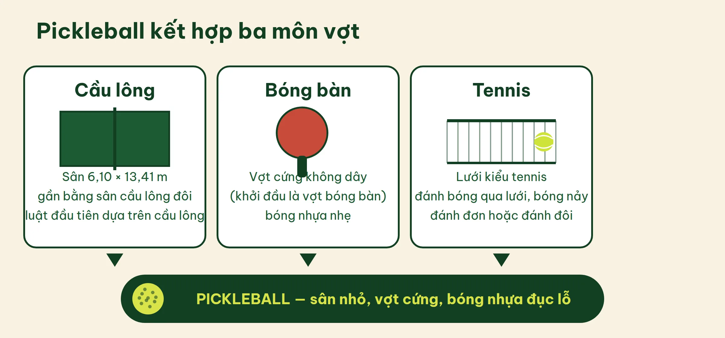 Sơ đồ ba môn gốc của pickleball: sân cỡ cầu lông, vợt cứng kiểu bóng bàn, lưới và cách đánh bóng nảy kiểu tennis