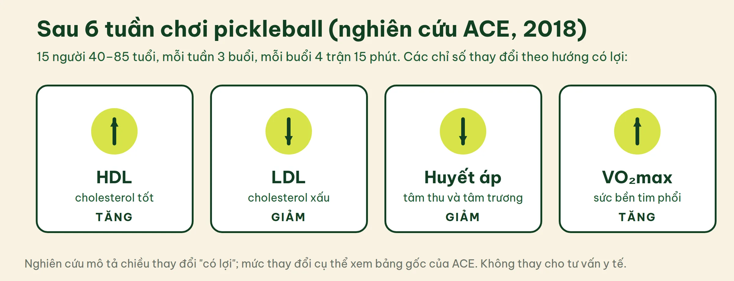 Bốn chỉ số thay đổi có lợi sau sáu tuần chơi pickleball trong nghiên cứu ACE: HDL tăng, LDL giảm, huyết áp giảm, VO2max tăng