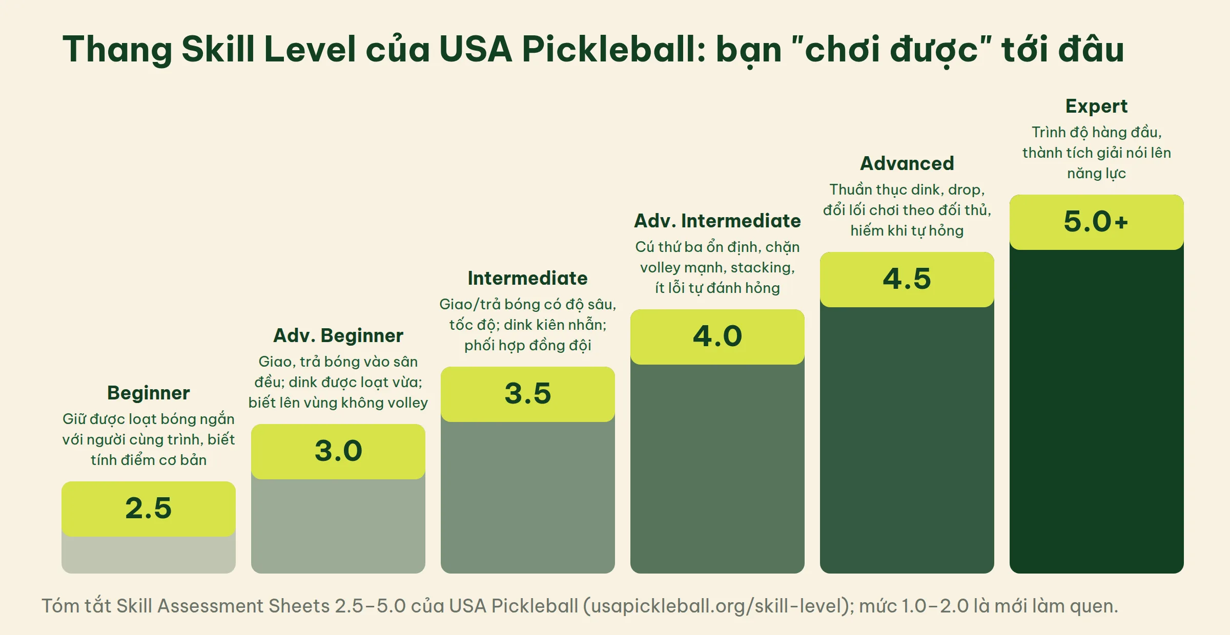 Thang Skill Level của USA Pickleball từ 2.5 Beginner, 3.0, 3.5, 4.0, 4.5 tới 5.0+ Expert, mỗi bậc ghi tóm tắt kỹ năng đạt được