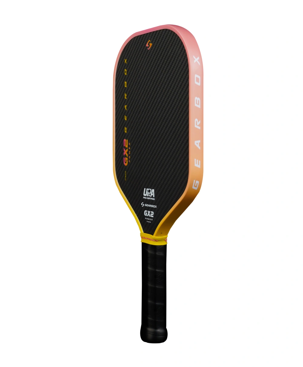 GX2 Power Hybrid Limited Edition Yellow Pink chụp nghiêng, thấy mặt vợt và cạnh viền