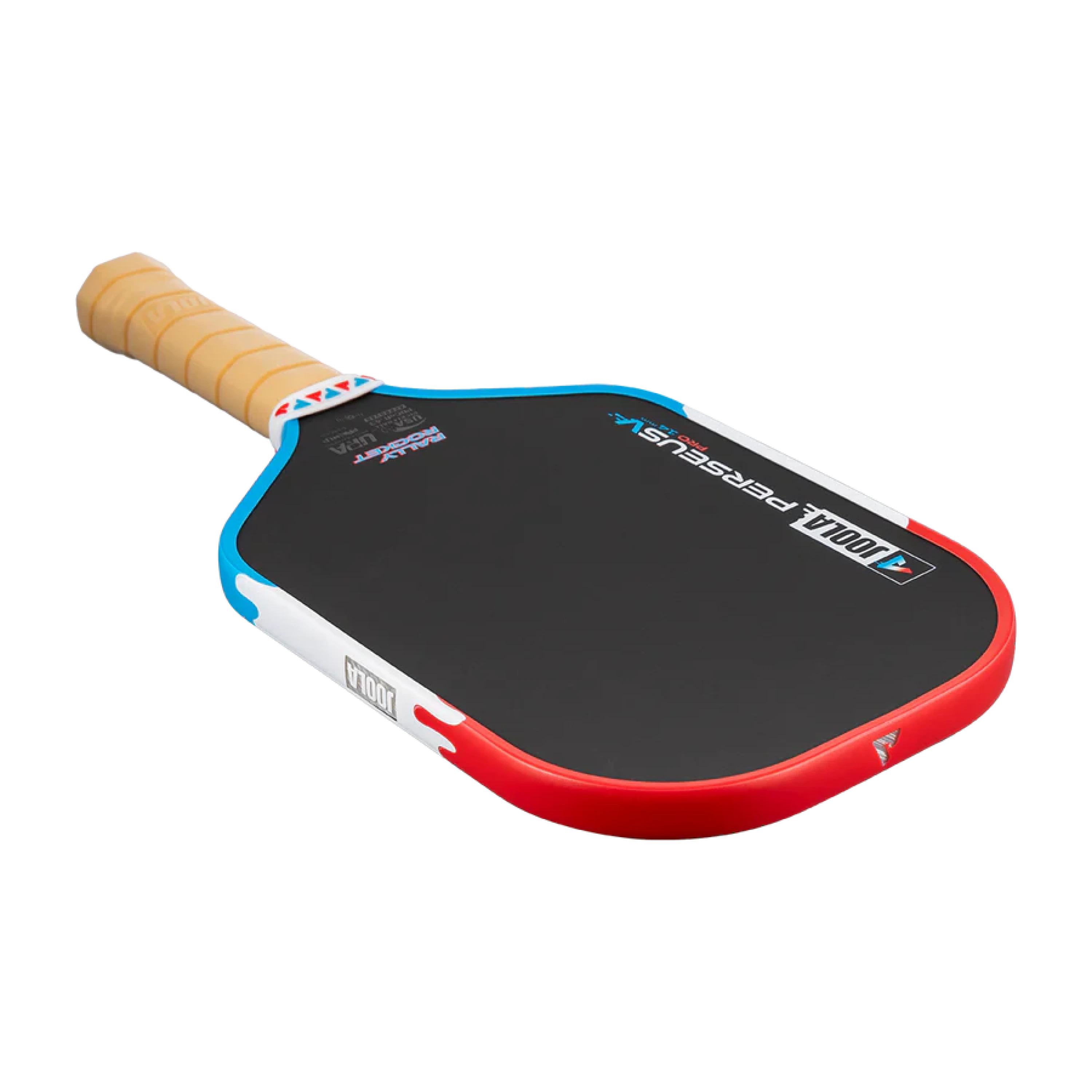 Perseus Pro V Rally Rocket đặt nằm, thấy cán và mép viền phối màu đỏ trắng xanh