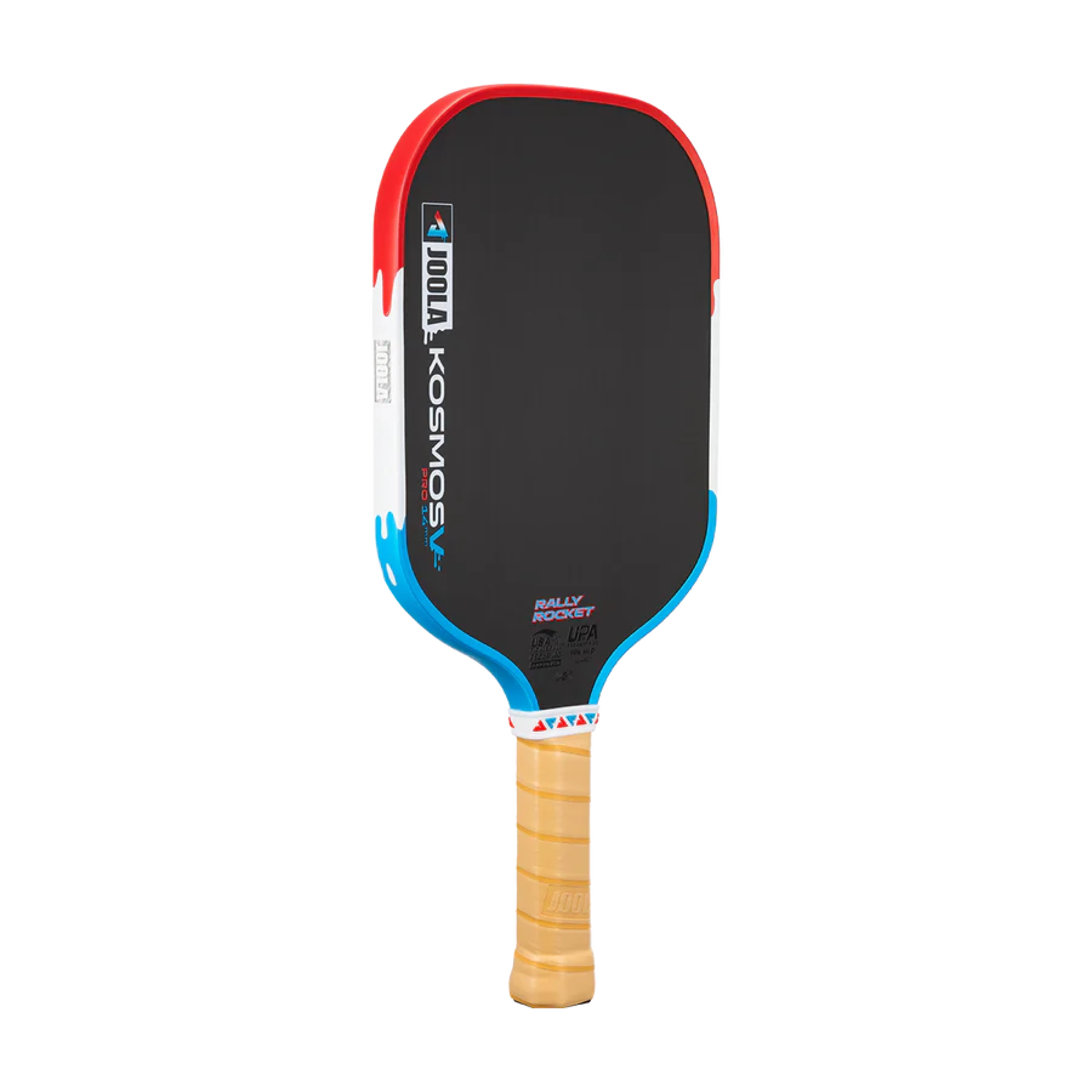 Kosmos Pro V Rally Rocket 16mm đứng nghiêng, thấy mặt vợt dáng lai và viền nhiều màu