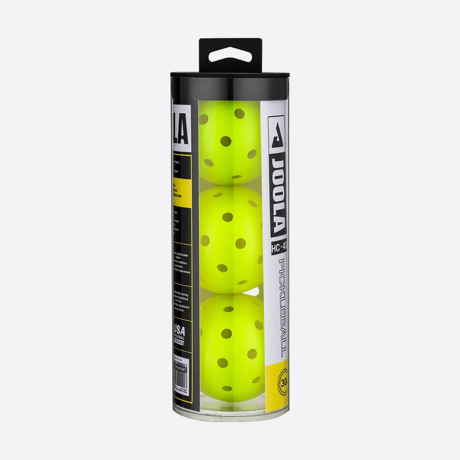 Hộp ba quả bóng pickleball JOOLA HC-40 màu vàng trong ống nhựa trong suốt