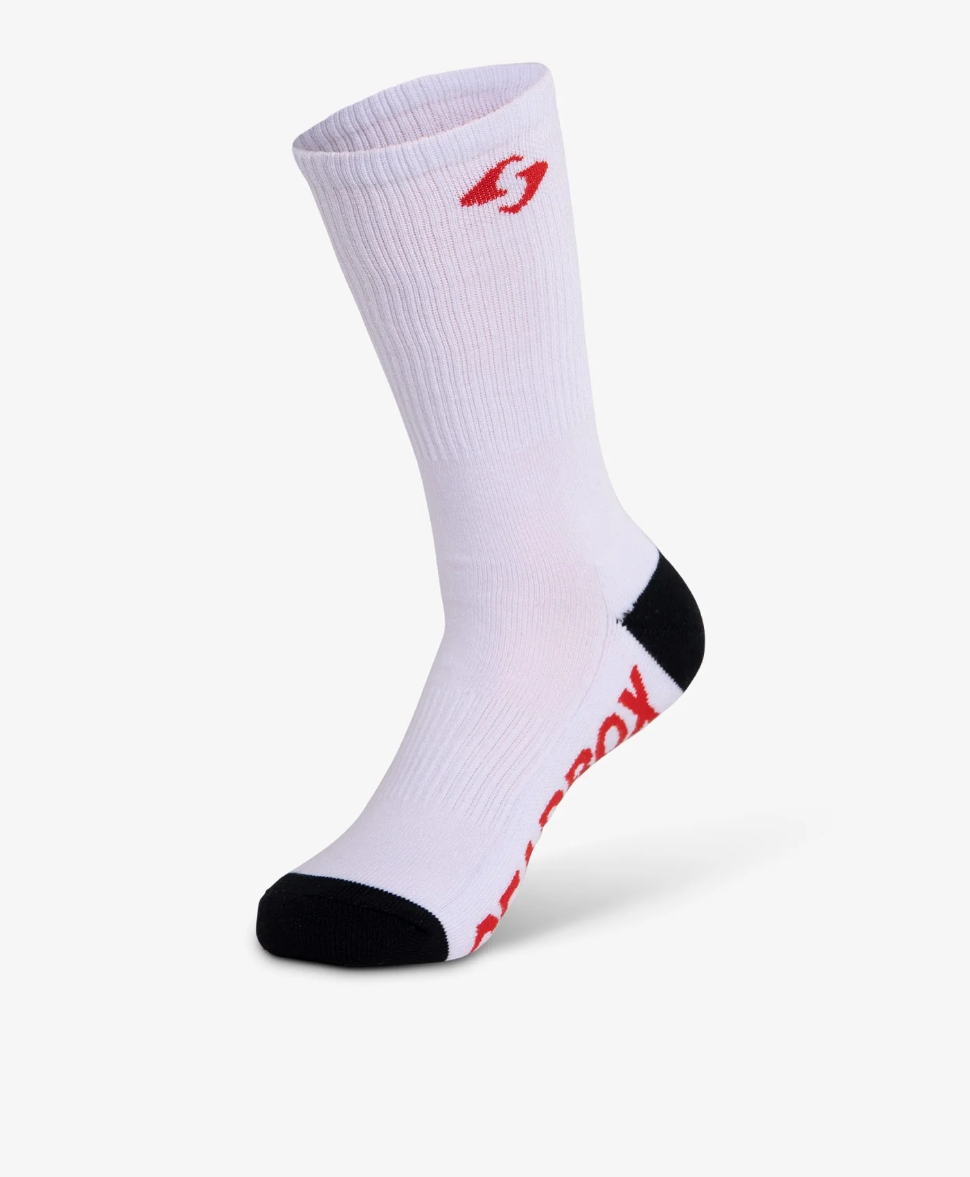 Đôi tất cổ cao Gearbox Crew Socks màu trắng, gót và mũi đen, chữ Gearbox đỏ ở gót