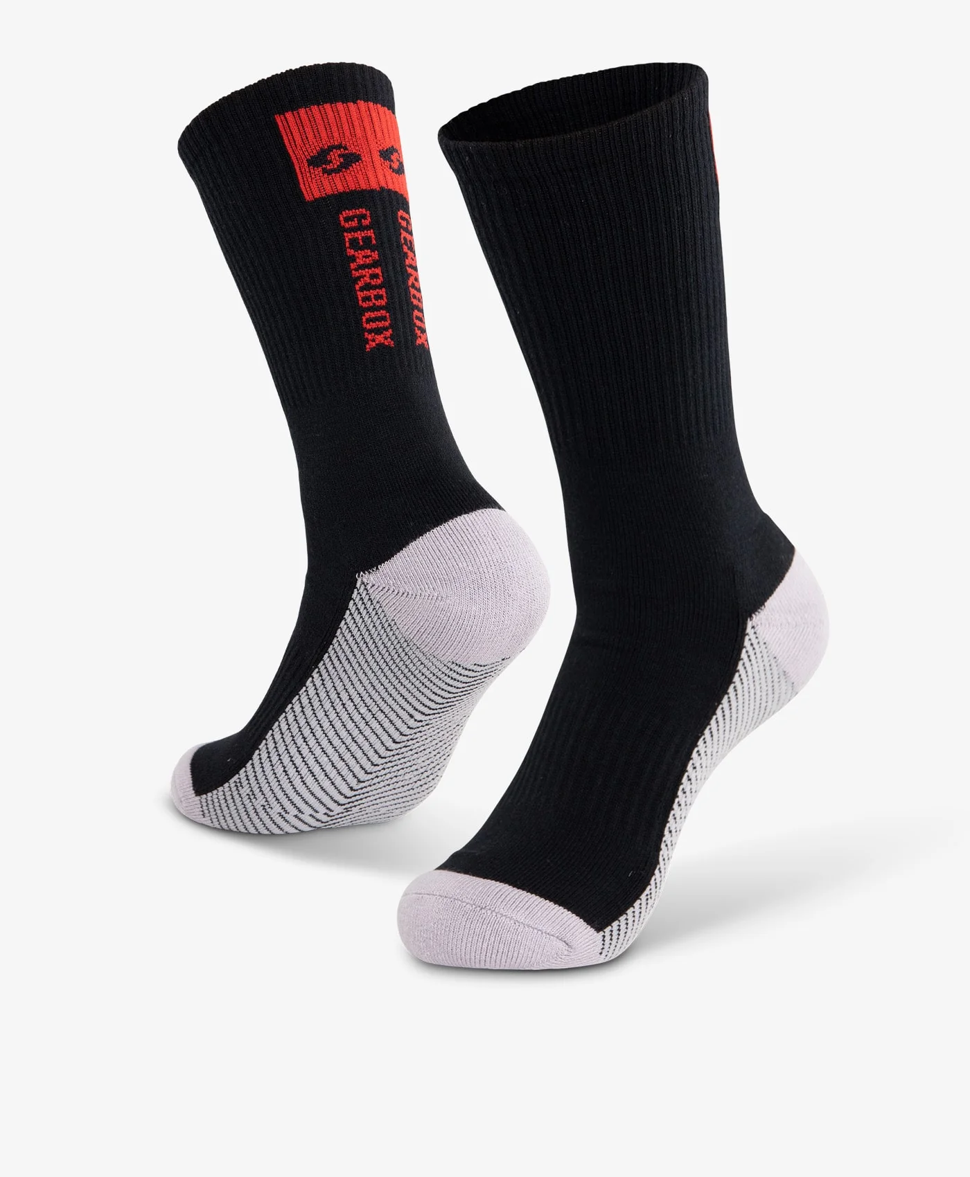 Đôi tất Gearbox Crew Socks Black/Grey đặt nghiêng, nhìn từ bên hông