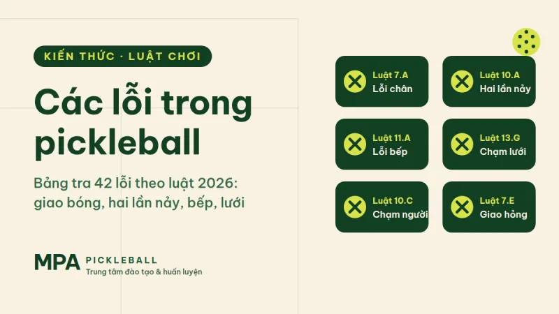 Các lỗi trong pickleball (fault): giao bóng, hai lần nảy, bếp, chạm lưới, bóng chạm người