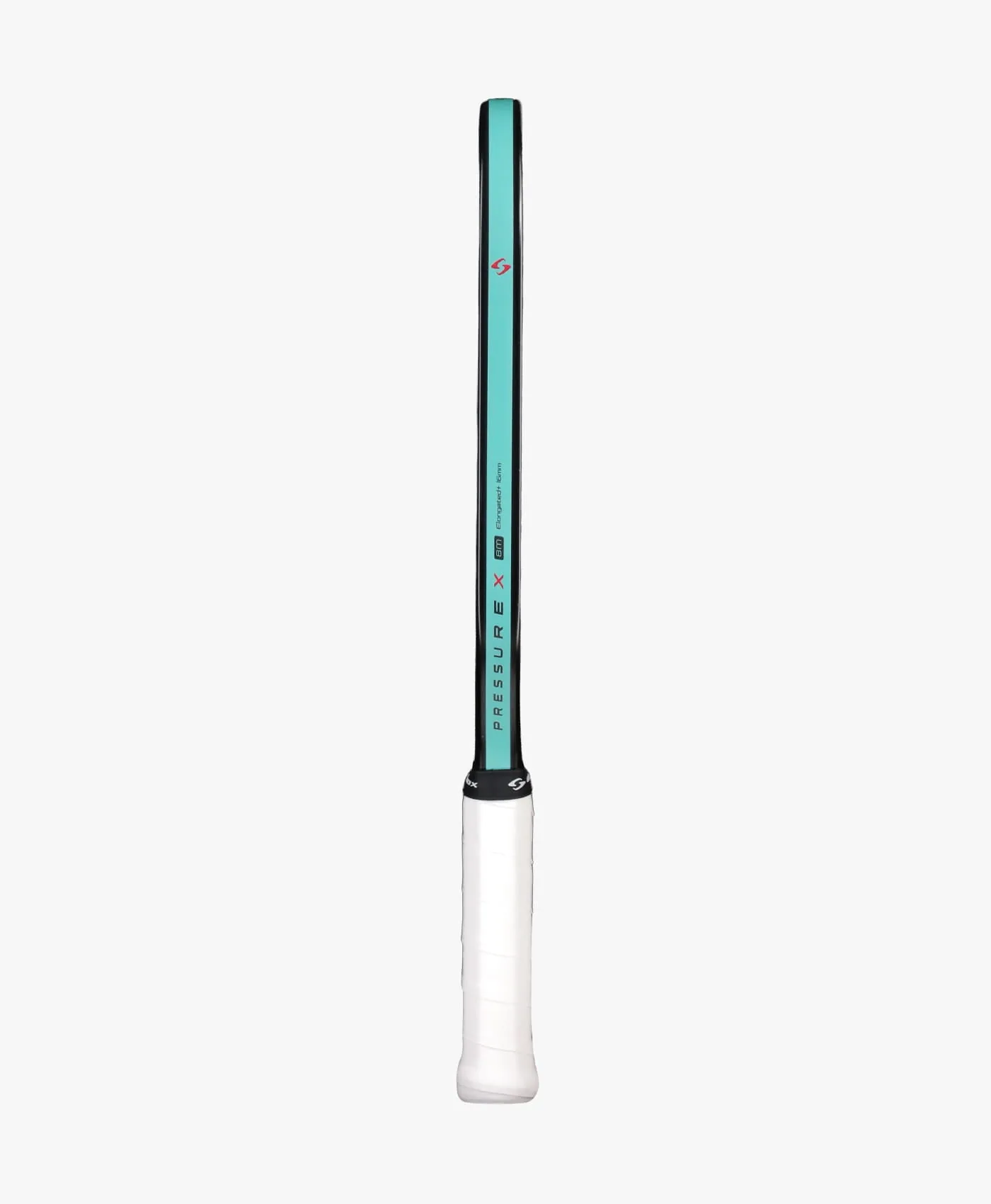 Pressure X 8M nhìn ngang, thân vợt dày 16 mm với dải xanh ngọc dọc cạnh và cán quấn trắng